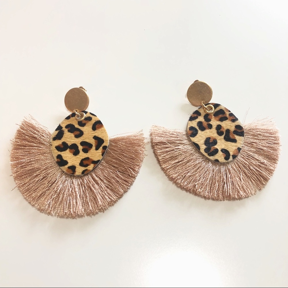 Leopard and Blush Tassel Earrings